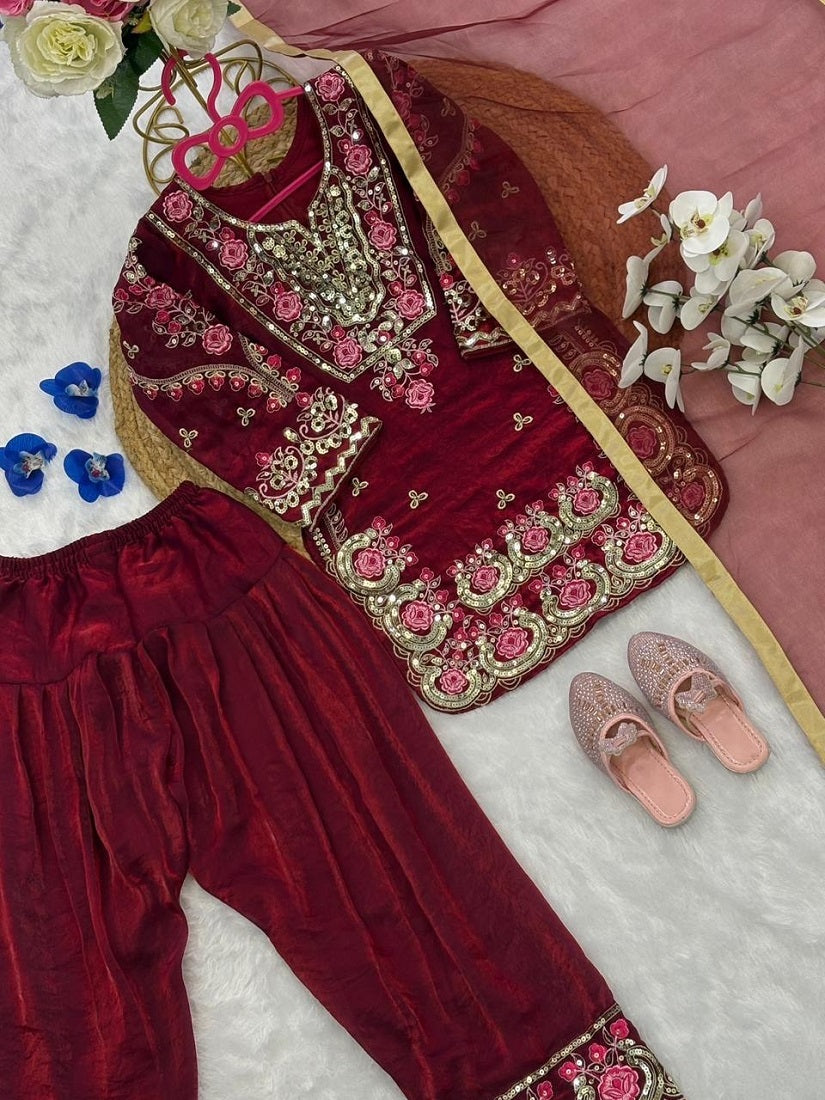 Evanik Maroon Girls Maroon Silk Embroidered Kurta Farshi Palazzo Set With Dupatta - Festive Wear
