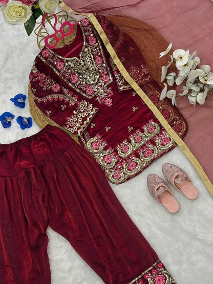 Evanik Maroon Girls Maroon Silk Embroidered Kurta Farshi Palazzo Set With Dupatta - Festive Wear