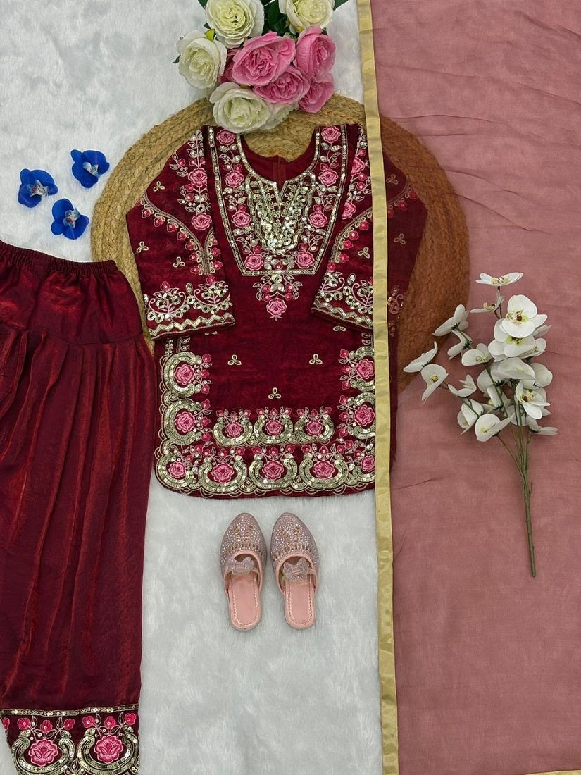 Evanik Maroon Girls Maroon Silk Embroidered Kurta Farshi Palazzo Set With Dupatta - Festive Wear