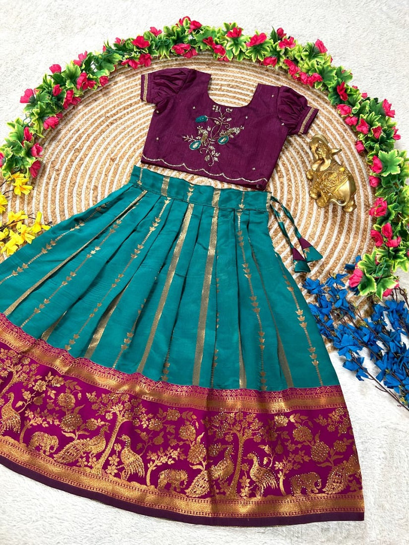 Evanik Teal Purple Pure Silk Zari With Heavy Maggam Work Lehenga Choli for Kids