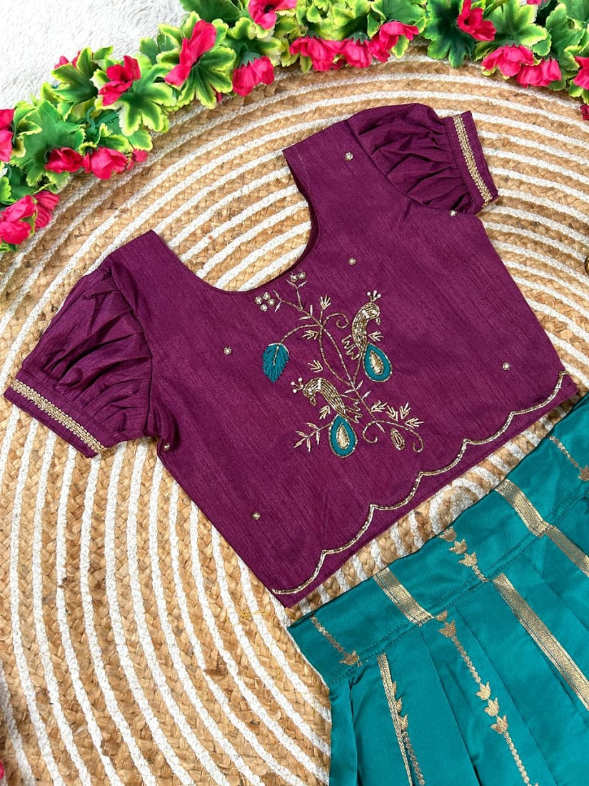 Evanik Teal Purple Pure Silk Zari With Heavy Maggam Work Lehenga Choli for Kids
