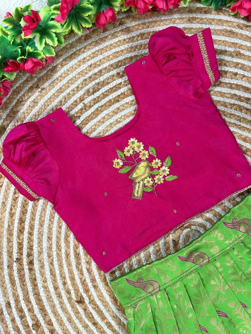 Evanik Parrot Pure Silk Zari With Heavy Maggam Work Lehenga Choli for Kids