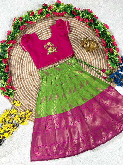 Evanik Parrot Pure Silk Zari With Heavy Maggam Work Lehenga Choli for Kids