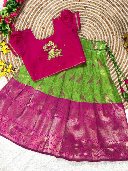 Evanik Parrot Pure Silk Zari With Heavy Maggam Work Lehenga Choli for Kids