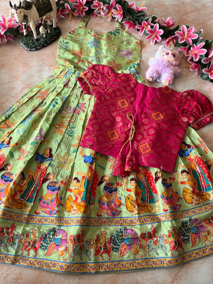 Evanik Green Designer Viscose Natural Crepe Position With Kalamkari Work Gown Koti for Kids