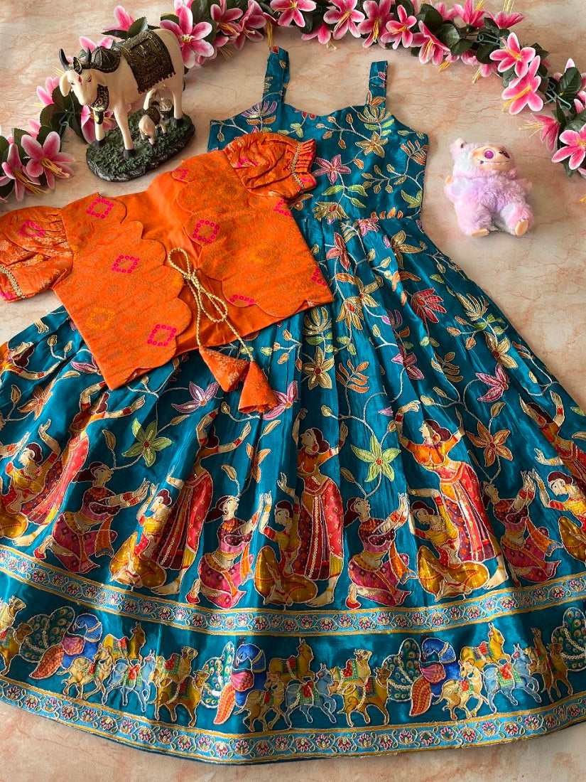 Evanik Blue Designer Viscose Natural Crepe Position With Kalamkari Work Gown Koti for Kids