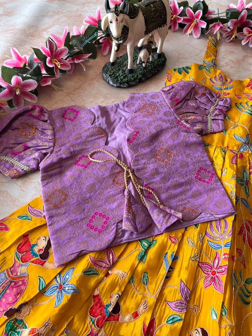 Evanik Yellow Designer Viscose Natural Crepe Position With Kalamkari Work Gown Koti for Kids