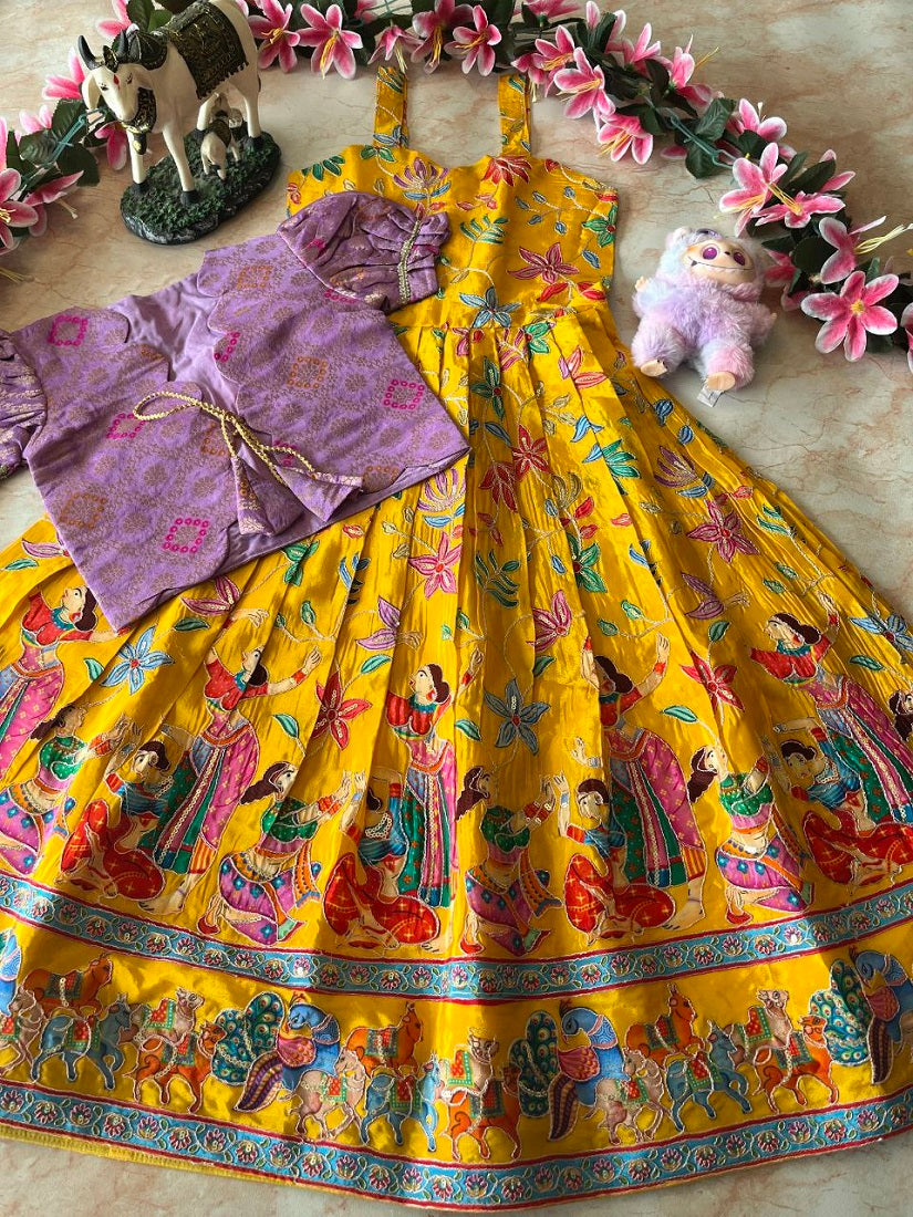 Evanik Yellow Designer Viscose Natural Crepe Position With Kalamkari Work Gown Koti for Kids