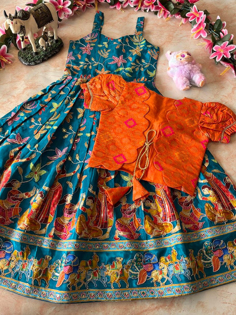 Evanik Blue Designer Viscose Natural Crepe Position With Kalamkari Work Gown Koti for Kids
