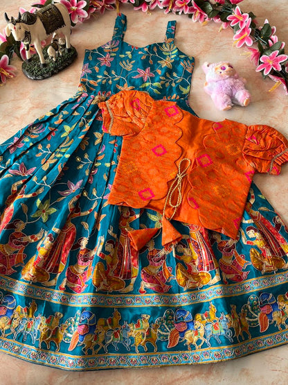 Evanik Blue Designer Viscose Natural Crepe Position With Kalamkari Work Gown Koti for Kids