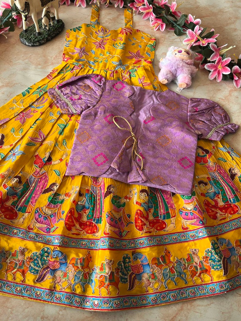 Evanik Yellow Designer Viscose Natural Crepe Position With Kalamkari Work Gown Koti for Kids