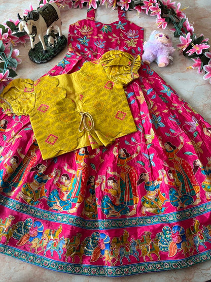 Evanik Pink Designer Viscose Natural Crepe Position With Kalamkari Work Gown Koti for Kids