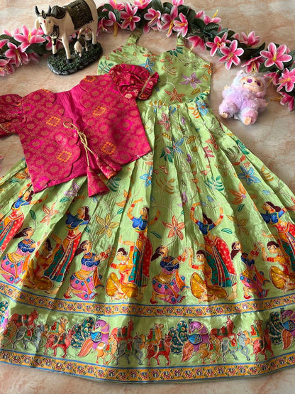Evanik Green Designer Viscose Natural Crepe Position With Kalamkari Work Gown Koti for Kids