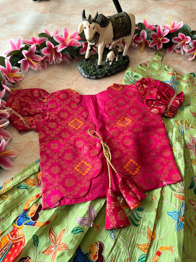 Evanik Green Designer Viscose Natural Crepe Position With Kalamkari Work Gown Koti for Kids