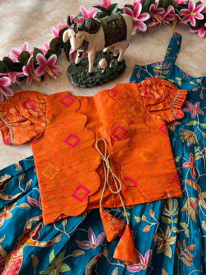 Evanik Blue Designer Viscose Natural Crepe Position With Kalamkari Work Gown Koti for Kids