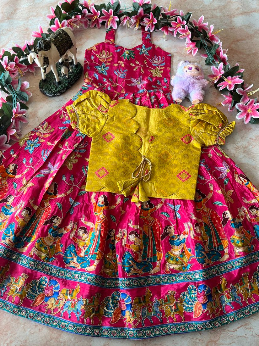 Evanik Pink Designer Viscose Natural Crepe Position With Kalamkari Work Gown Koti for Kids