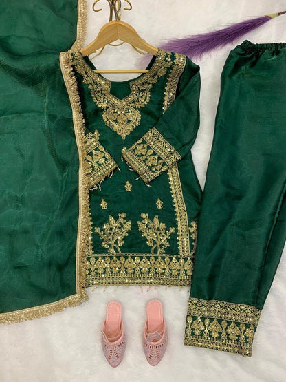 Evanik Green Designer Party Wear Heavy Silk Kids Top Pant & Dupatta Set