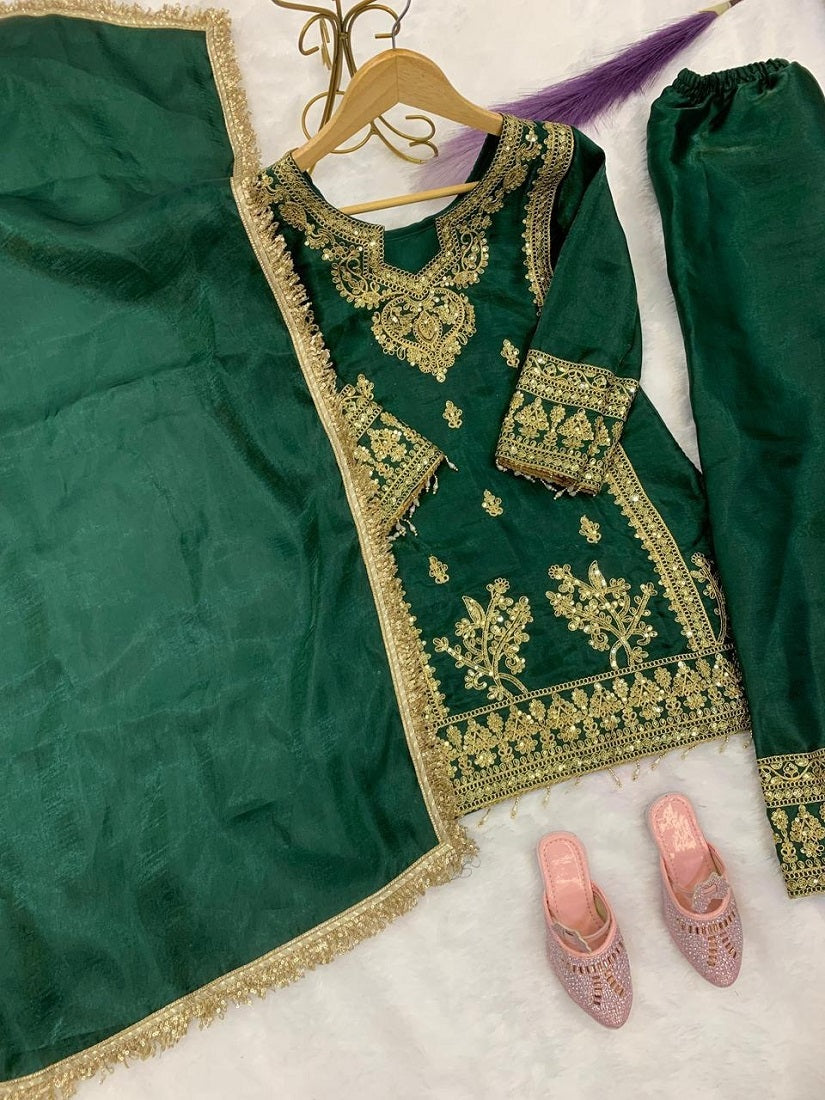 Evanik Green Designer Party Wear Heavy Silk Kids Top Pant & Dupatta Set