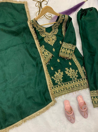 Evanik Green Designer Party Wear Heavy Silk Kids Top Pant & Dupatta Set