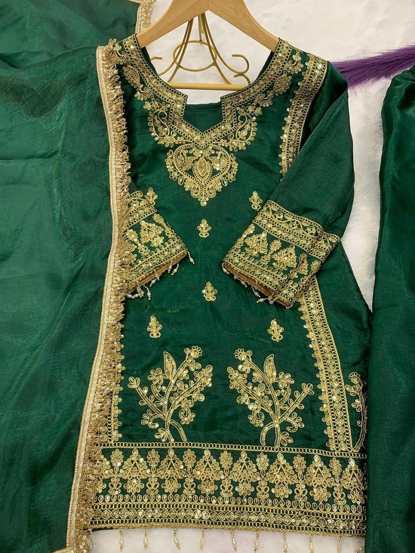 Evanik Green Designer Party Wear Heavy Silk Kids Top Pant & Dupatta Set