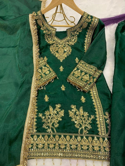 Evanik Green Designer Party Wear Heavy Silk Kids Top Pant & Dupatta Set