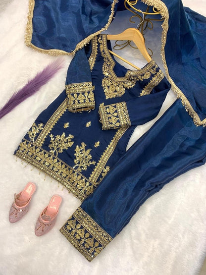 Evanik Blue Designer Party Wear Heavy Silk Kids Top Pant & Dupatta Set