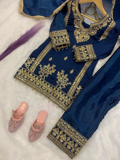 Evanik Blue Designer Party Wear Heavy Silk Kids Top Pant & Dupatta Set