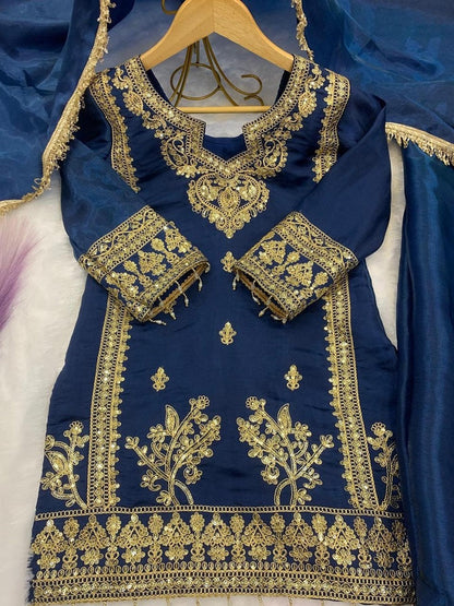 Evanik Blue Designer Party Wear Heavy Silk Kids Top Pant & Dupatta Set