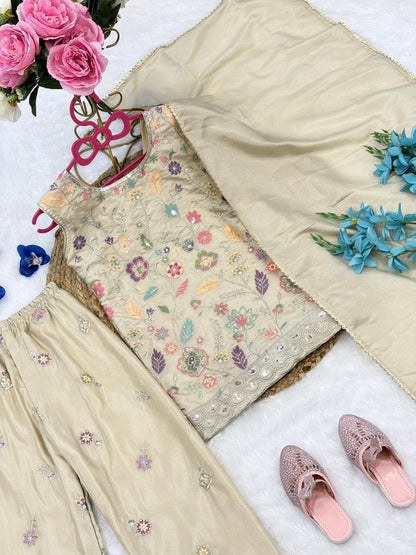 Evanik Girls' Beige Embroidered Kurta With Palazzos & Dupatta Set - Ethnic Festive Wear