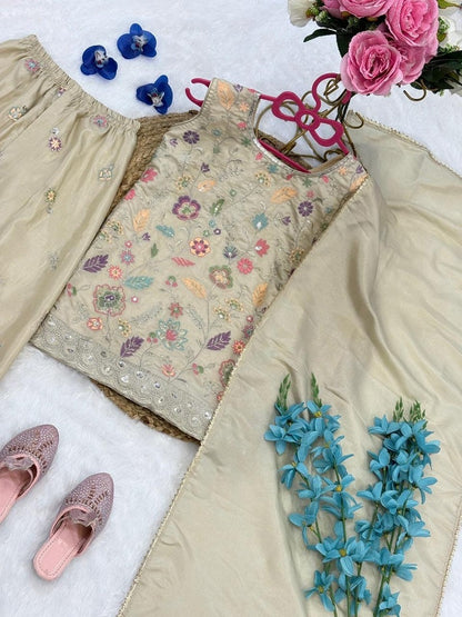 Evanik Girls' Beige Embroidered Kurta With Palazzos & Dupatta Set - Ethnic Festive Wear