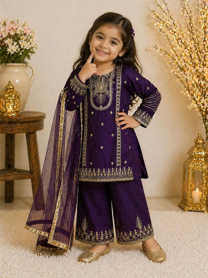 Evanik Purple Embroidered Sequence Work Fendy Silk Kids Kurta Set