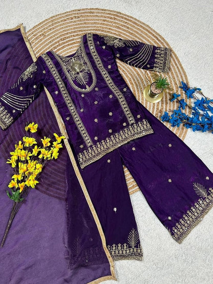 Evanik Purple Embroidered Sequence Work Fendy Silk Kids Kurta Set
