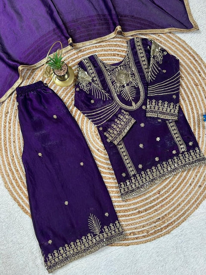 Evanik Purple Embroidered Sequence Work Fendy Silk Kids Kurta Set