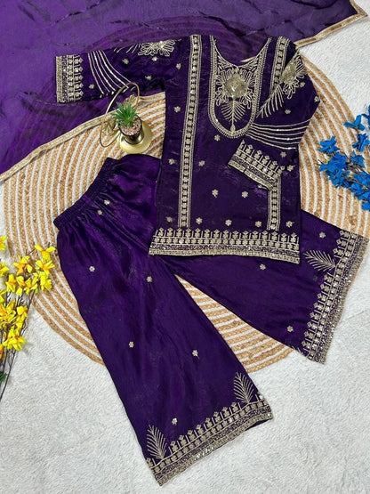 Evanik Purple Embroidered Sequence Work Fendy Silk Kids Kurta Set