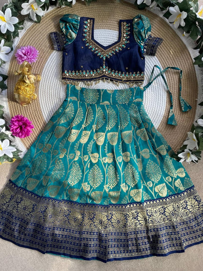 Evanik Teal Blue Pure Silk Zari With Heavy Maggam Work Lehenga Choli for Kids