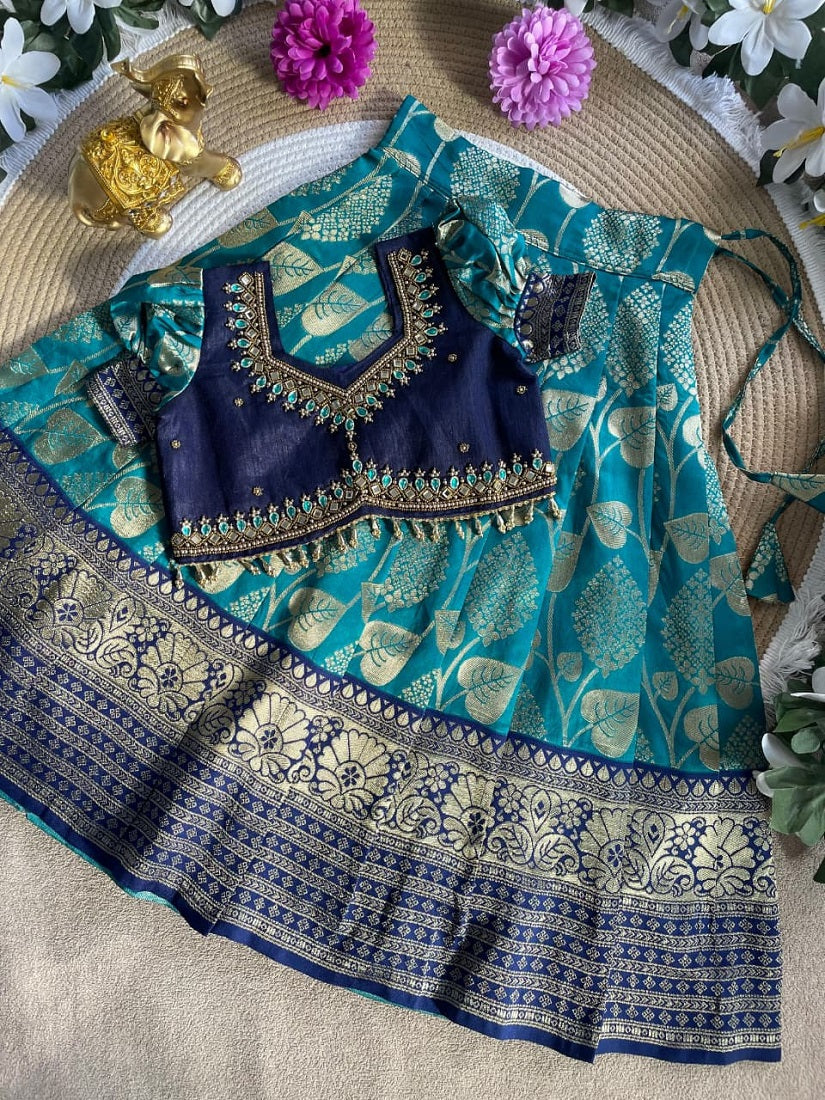 Evanik Teal Blue Pure Silk Zari With Heavy Maggam Work Lehenga Choli for Kids