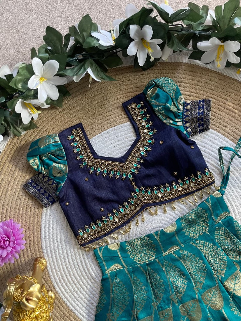 Evanik Teal Blue Pure Silk Zari With Heavy Maggam Work Lehenga Choli for Kids