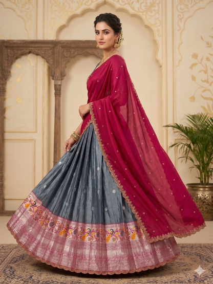 Teeya Creation Graceful Grey Ethnic Set Paired with Magenta Pink Scalloped Border Dupatta
