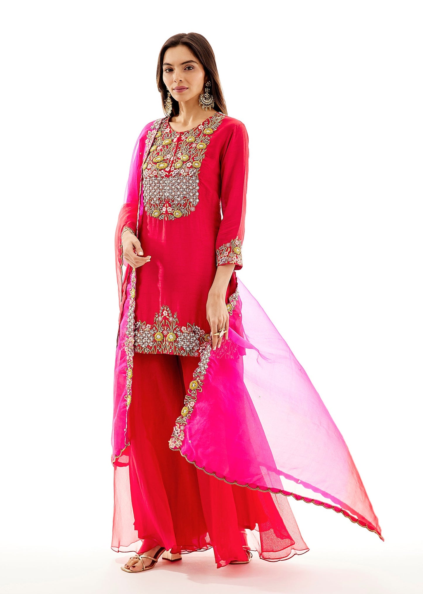 Pink Art Silk Palazzo Set With Zardosi Embroidered Yoke And Dupatta Set