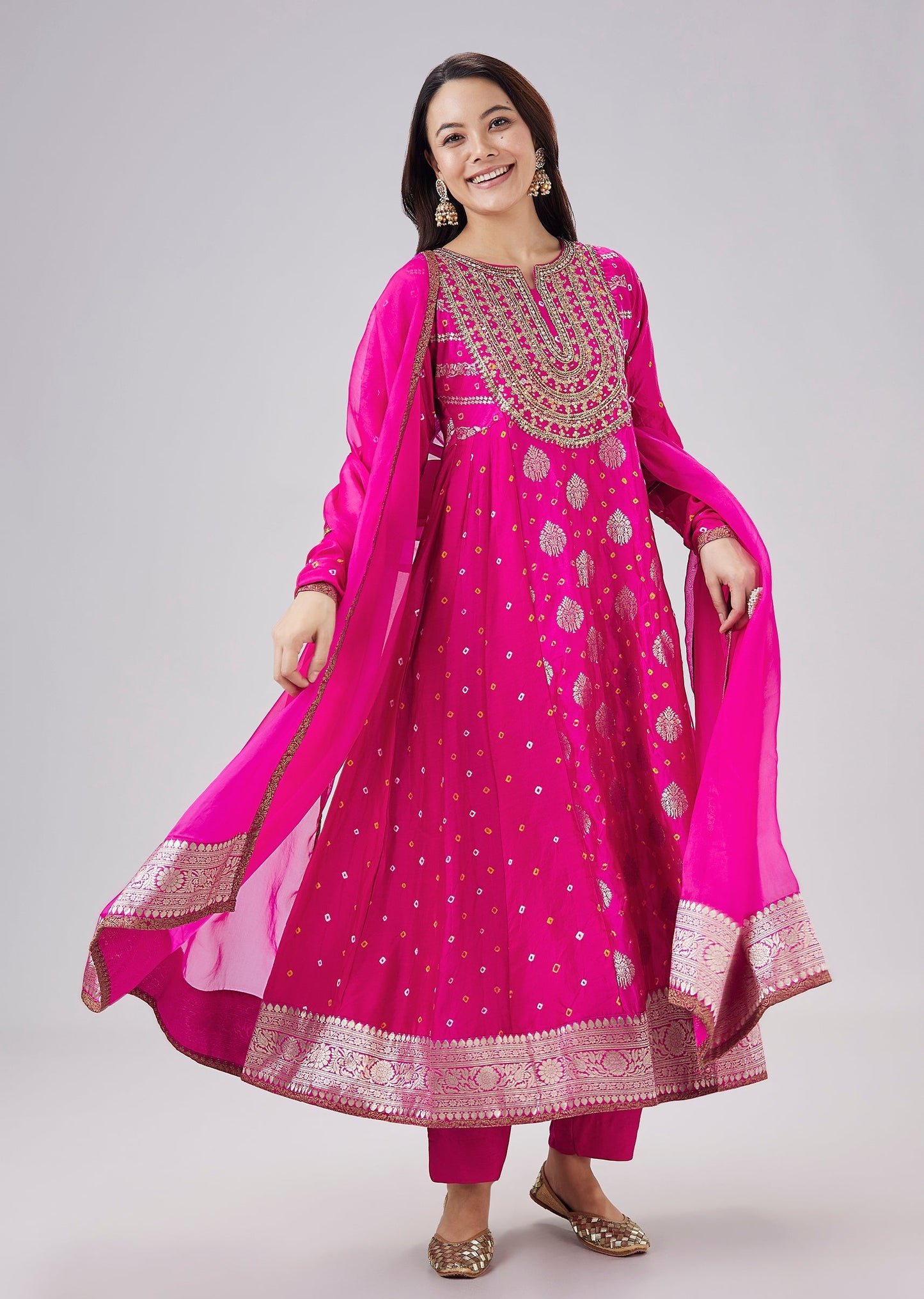 Pink Banarasi Bandhani Silk Anarkali Set With Dupatta