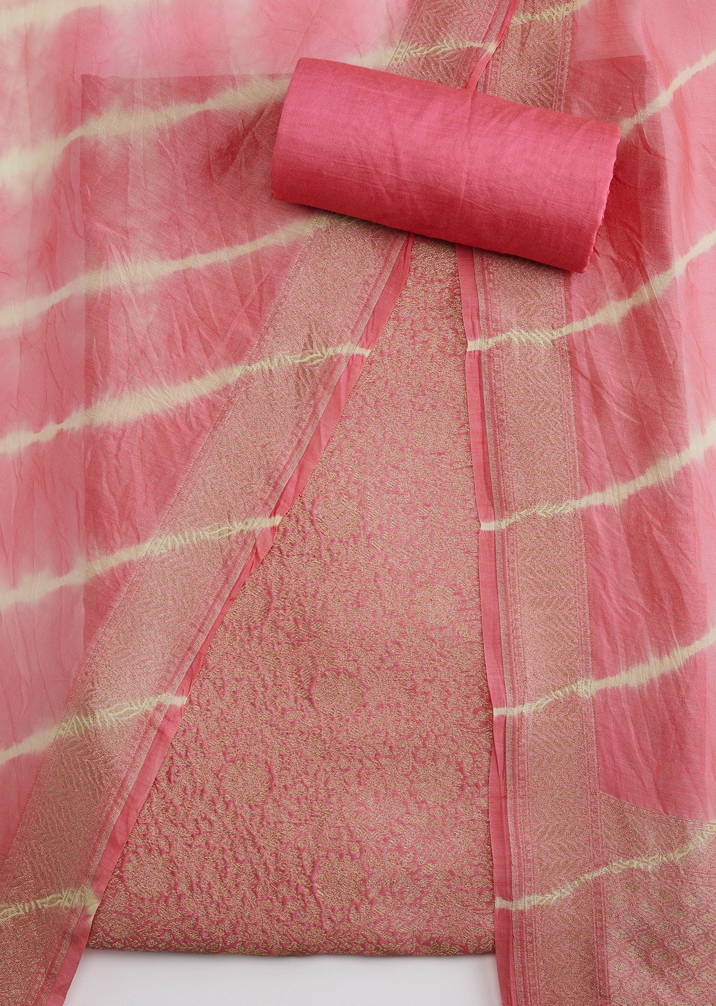 Pink Banarasi Silk Unstitched Suit Set With Leheriya Dupatta