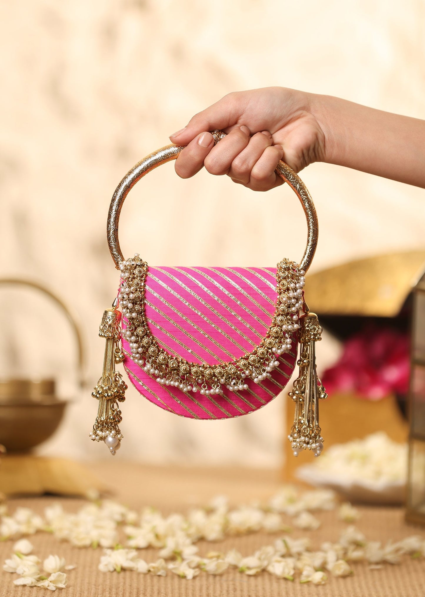 Pink Brocade Handbag With Gold Embellishments