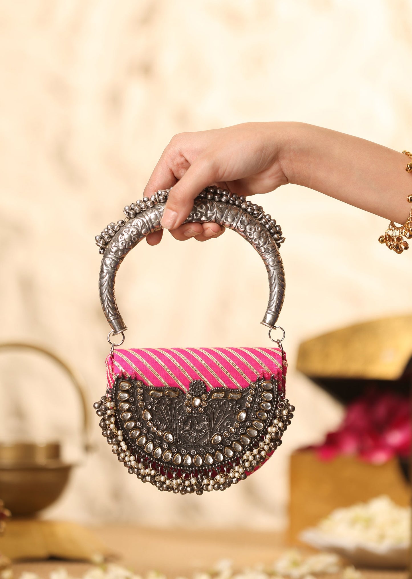 Pink Brocade Handbag With Silver Mixed Metal Embellishments