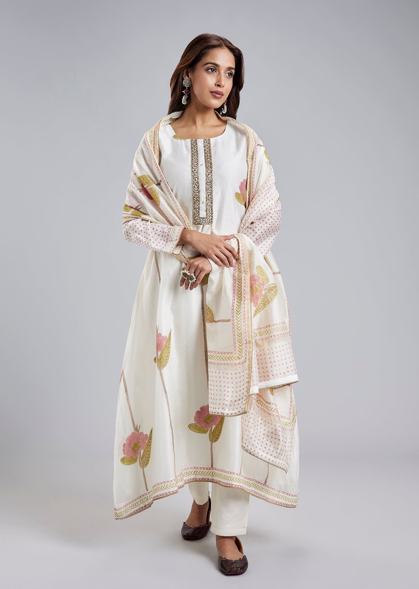 Pink Chanderi Floral Block Print Anarkali Set With Zardosi Neckline And Dupatta