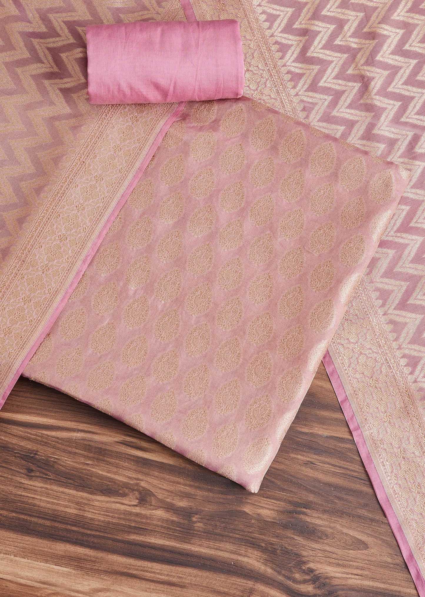 Pink Chanderi Unstitched Suit With Dupatta