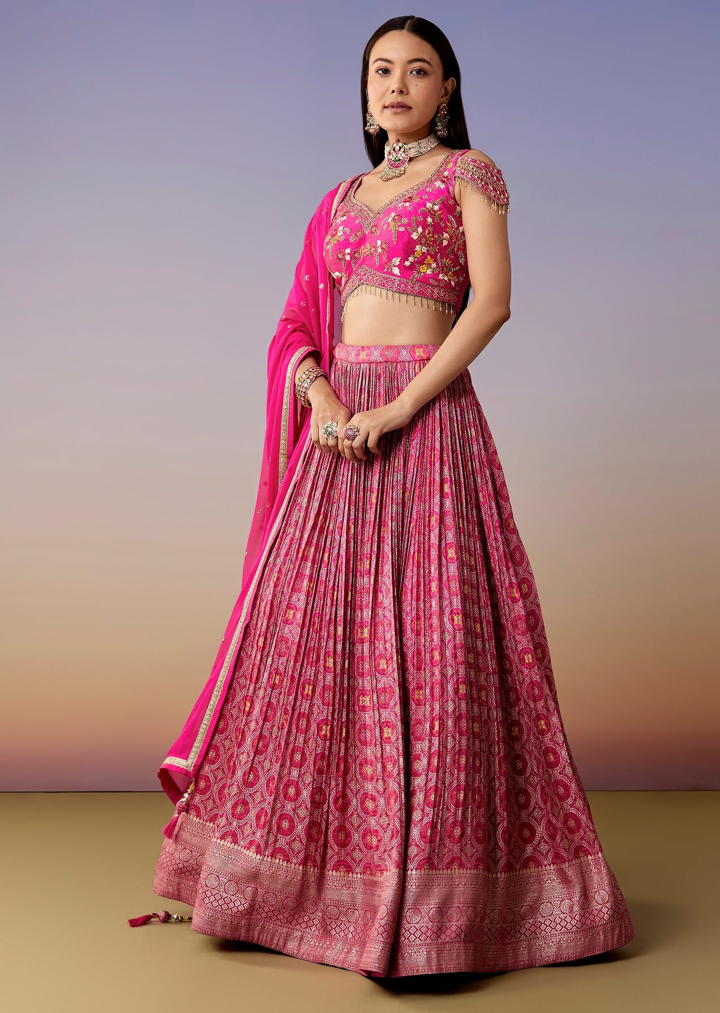 Pink Cold Shoulder Printed Bridesmaid Lehenga Set