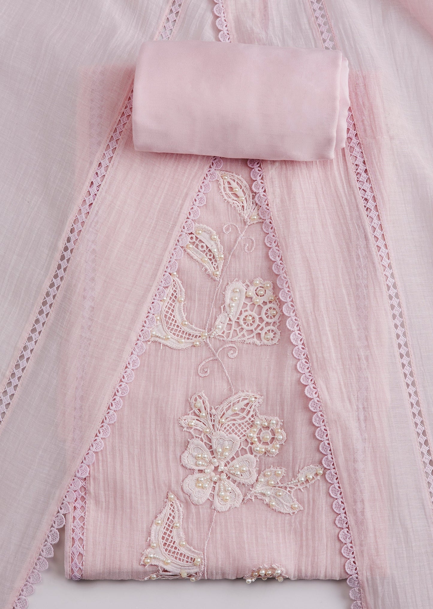 Pink Cotton Lace Work Unstitched Suit Set With Dupatta