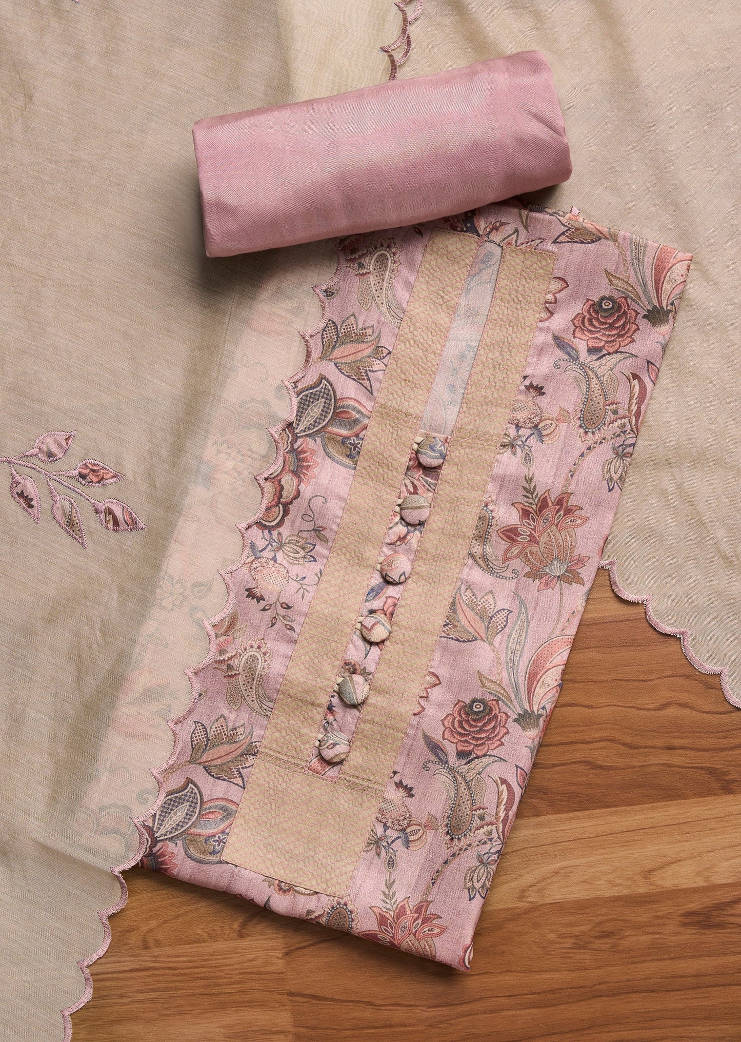 Pink Cotton Printed Unstitched Suit Set