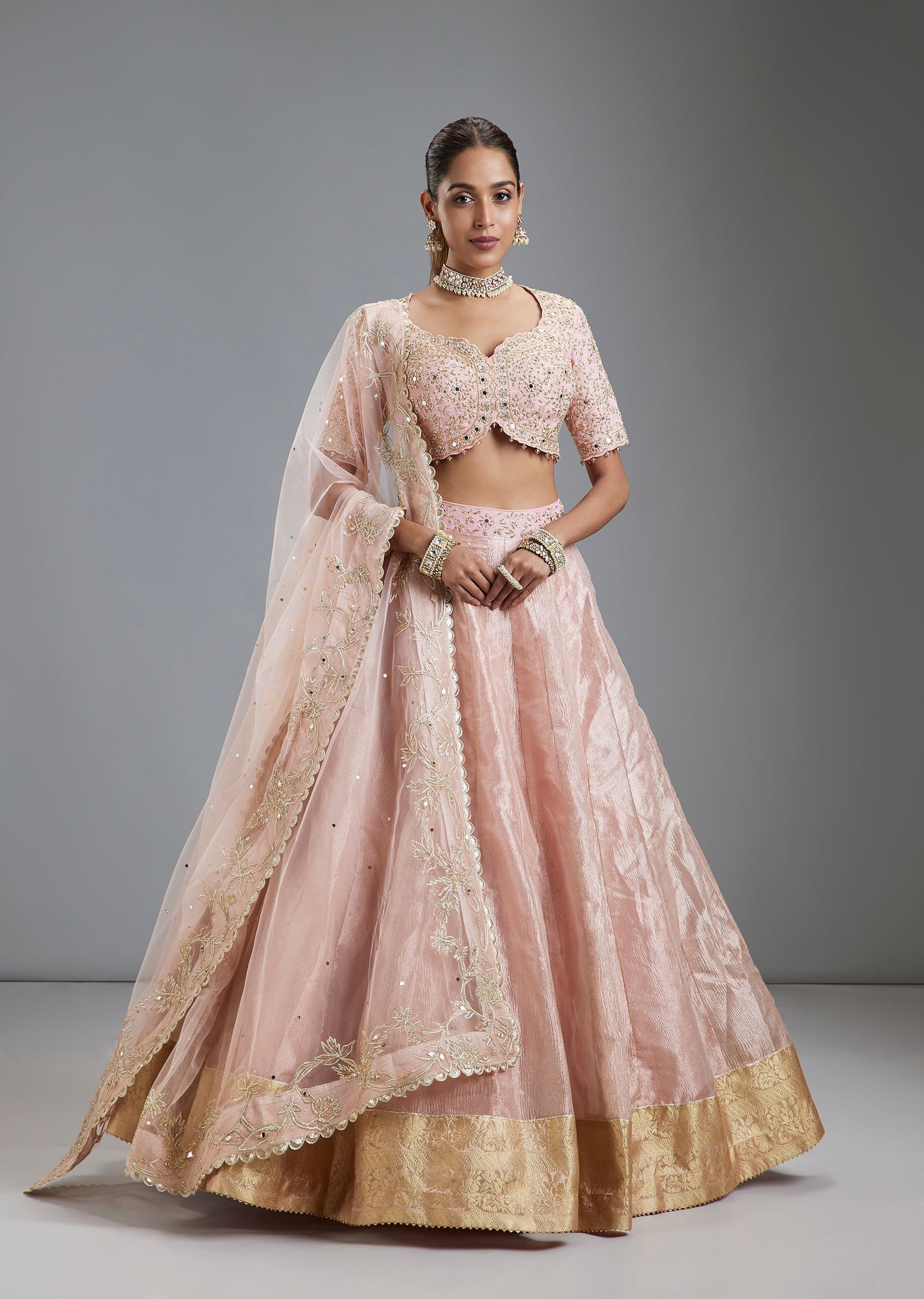 Pink Crush Tissue Lehenga With Zardosi And Mirror Work Choli