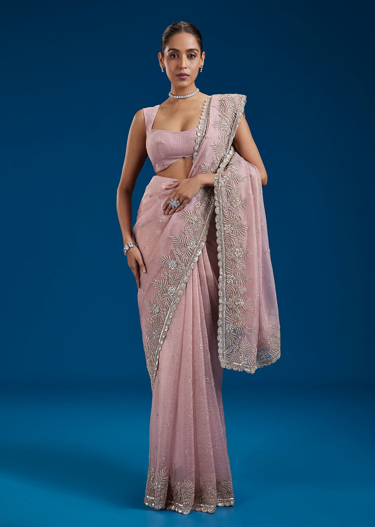 Pink Crushed Tissue Saree With Cutdana Sequins Border